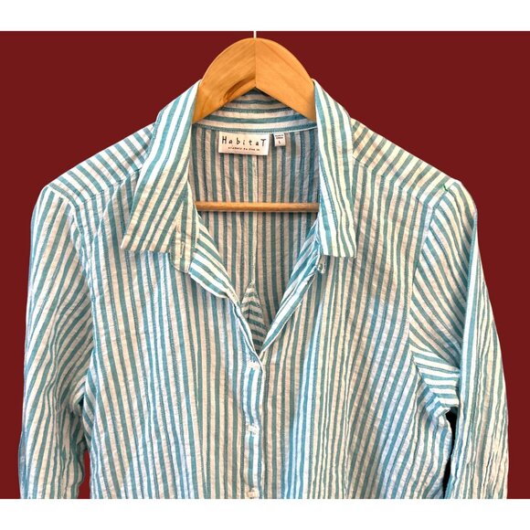 Habitat Green White Hi Low Stripe Button Front Roll Tab Sleeve Shirt Coastal - Picture 2 of 6